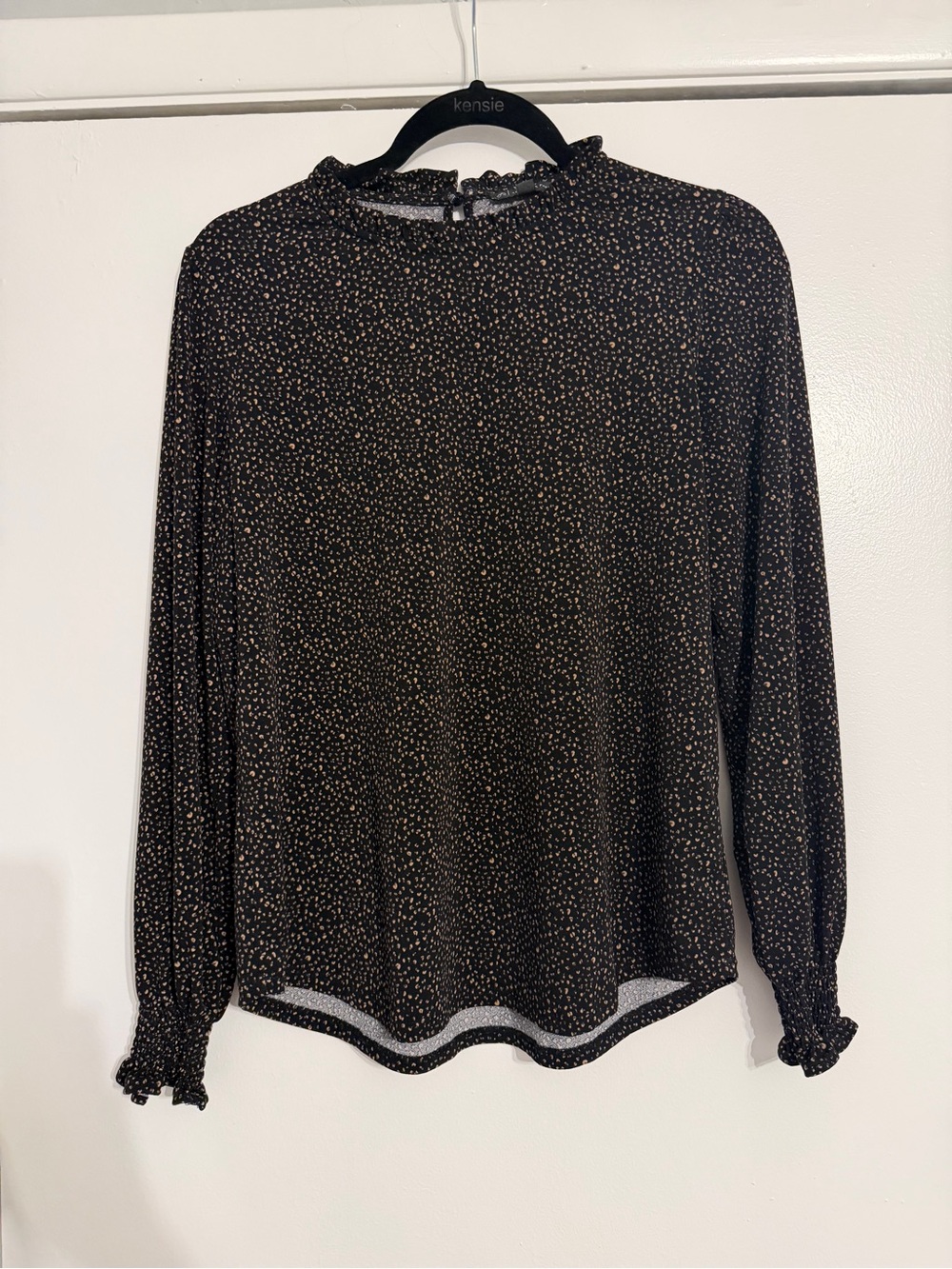 Adrianna Papell Black Long-Sleeve Ruffle Neck Blouse w/ Pink Dot Print - Size M